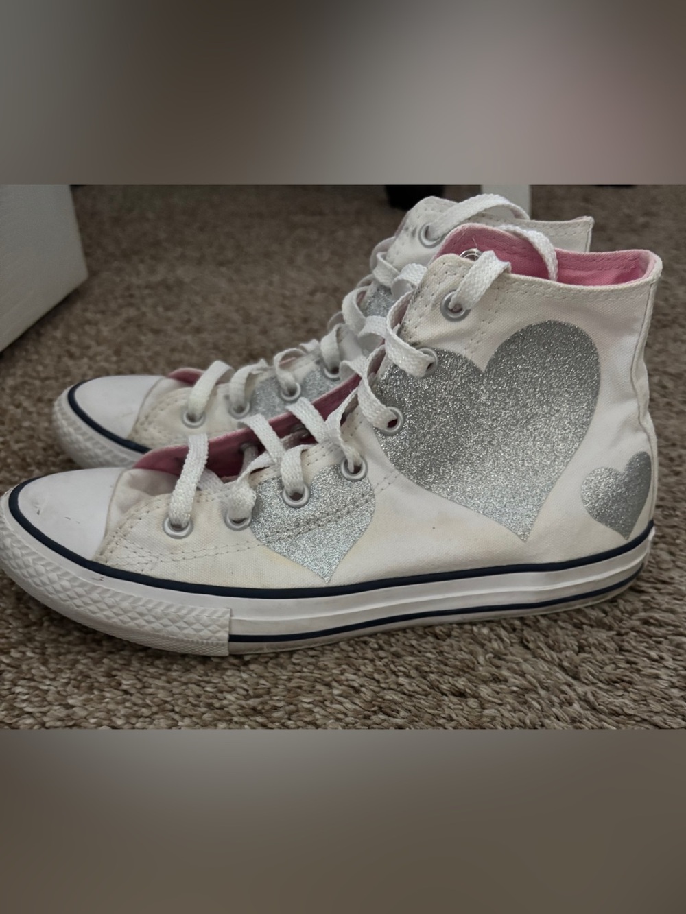 Converse White High-Top Sneakers with Silver Glitter Hearts